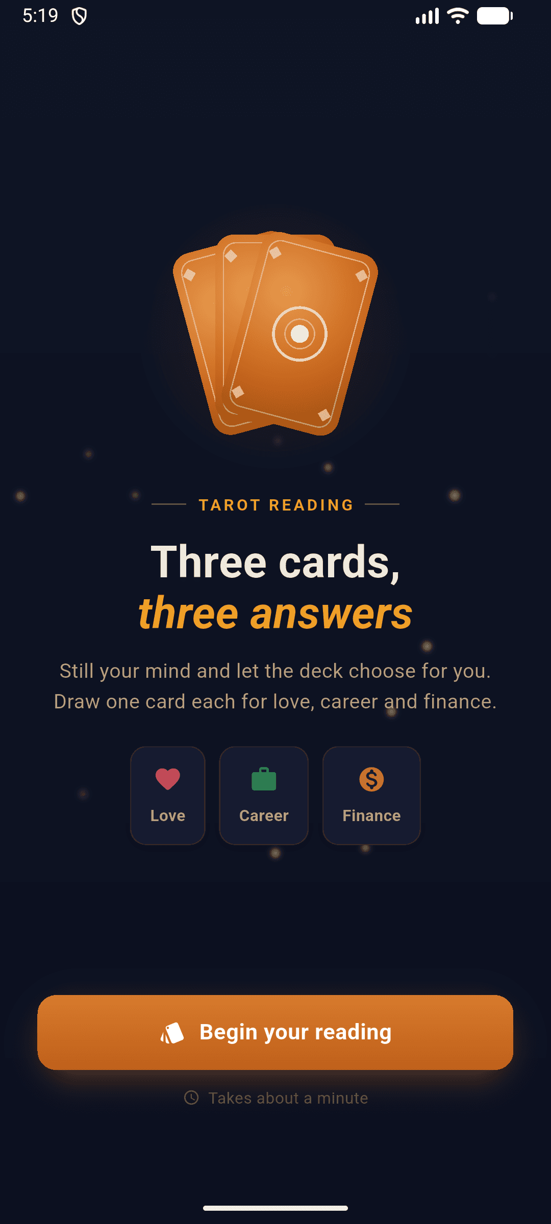 Tarot reading screen, three cards for love, career, and finance