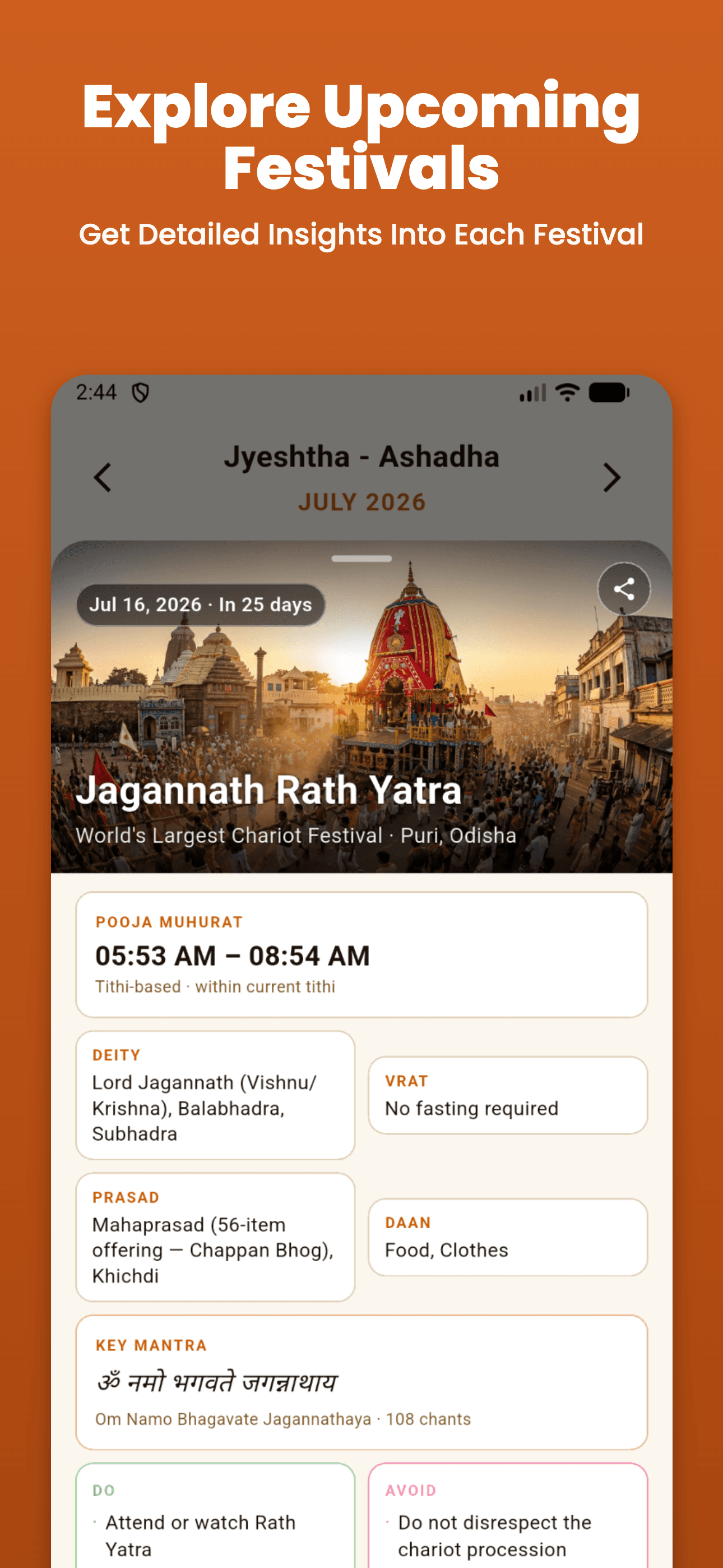 Explore Upcoming Festivals screen in Shubh Kaalam